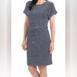 Hilary Radley Navy/White Stripe Butter Soft Dress Size L Round Neck Pockets Tie
